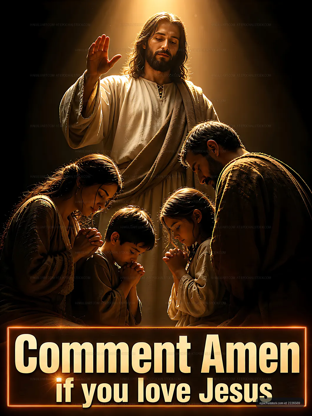 People praying together with a figure of Jesus in a spiritual scene