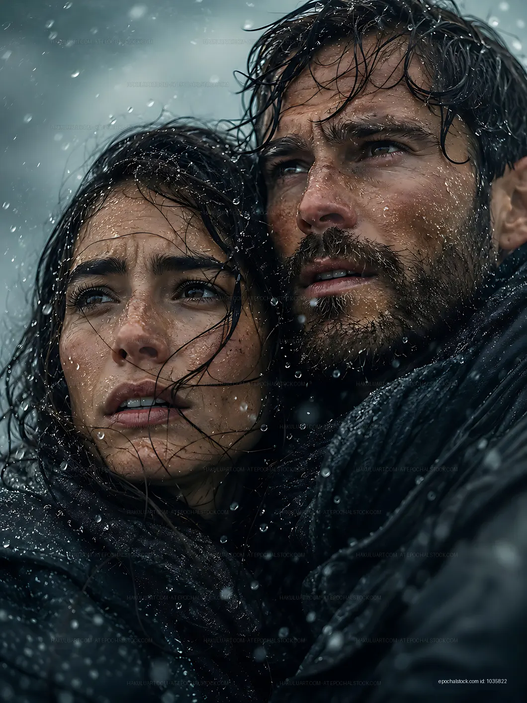Couple embracing in rain during a stormy weather scene