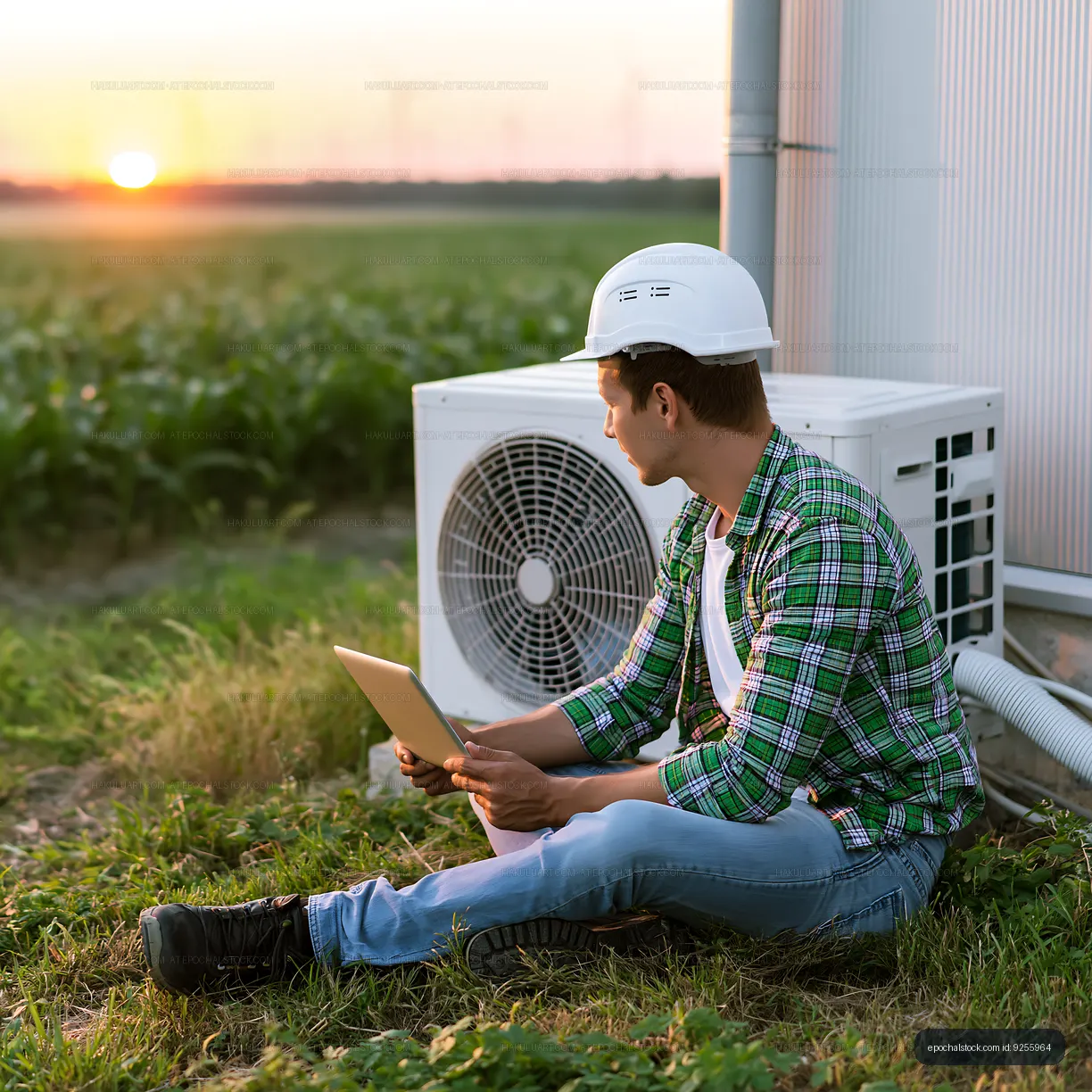 Worker using tablet near air conditioning unit at sunset