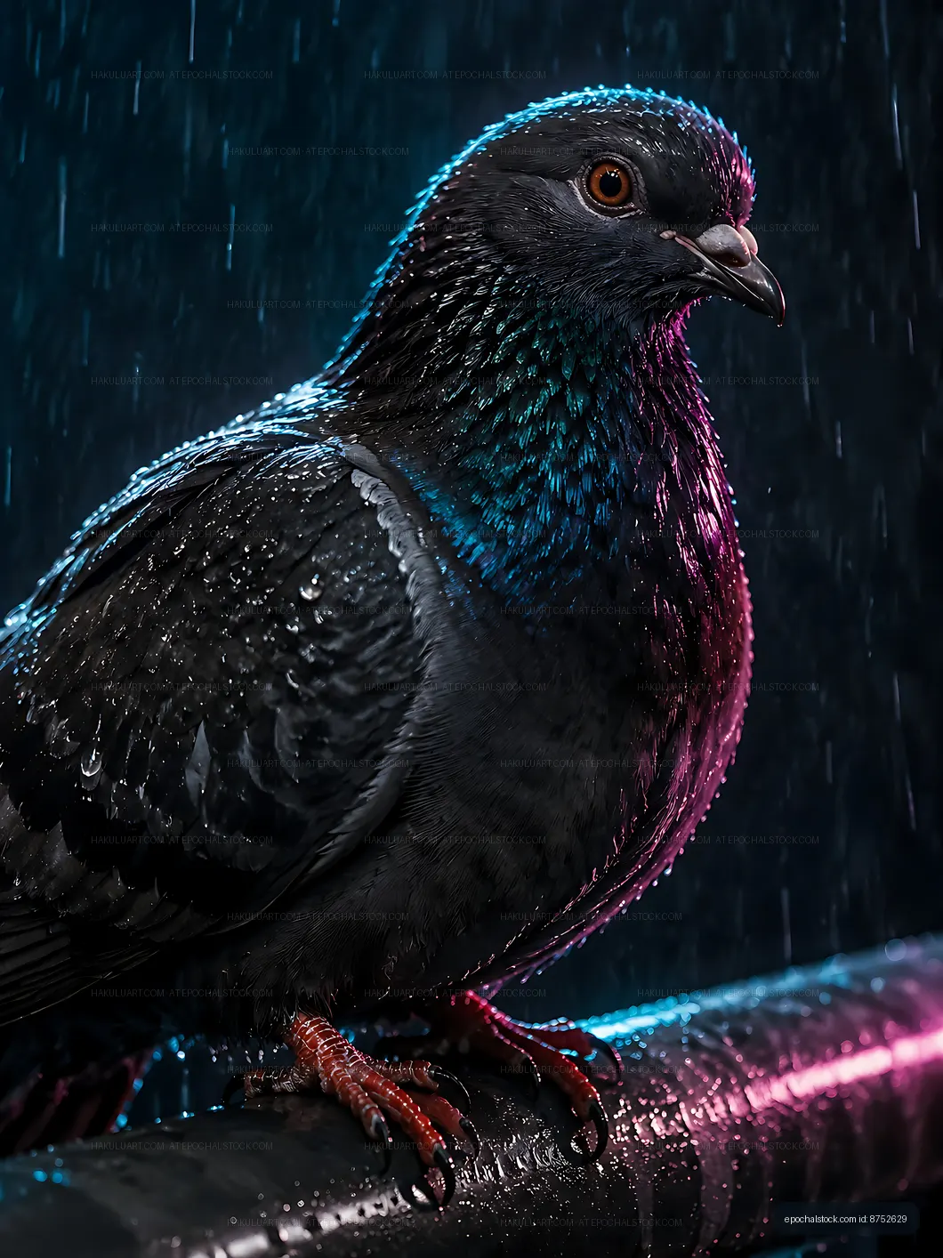 Black pigeon perched on a wet surface under colorful lighting