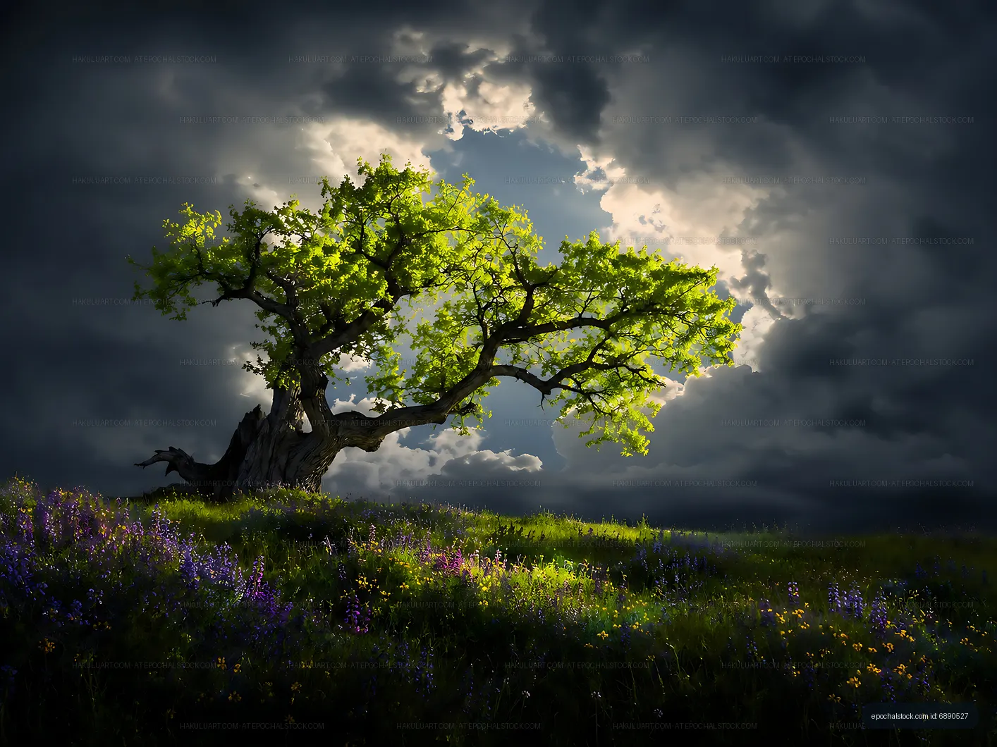 Bright green tree under dark clouds in a field