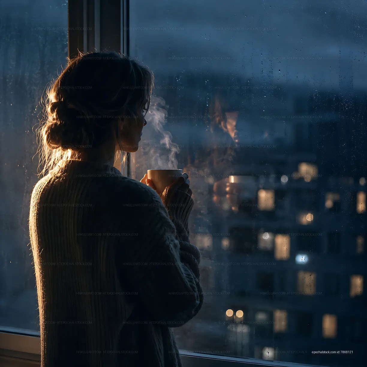 Woman holding a cup near window on a rainy evening