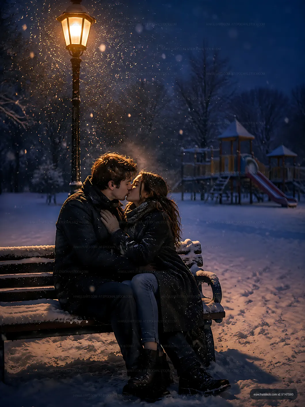 Couple sharing a kiss in a snowy park at night