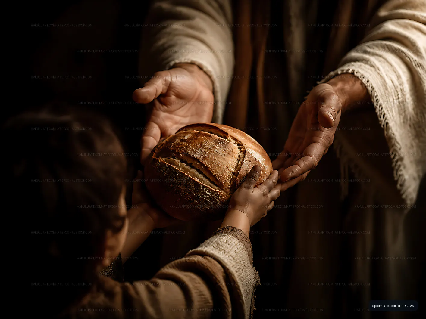 Hands exchanging bread between an adult and a child