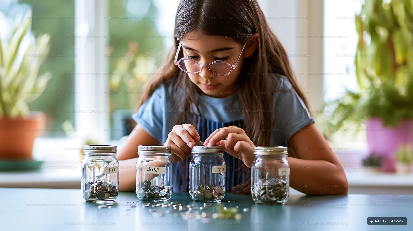 Child counting coins in jars at home
