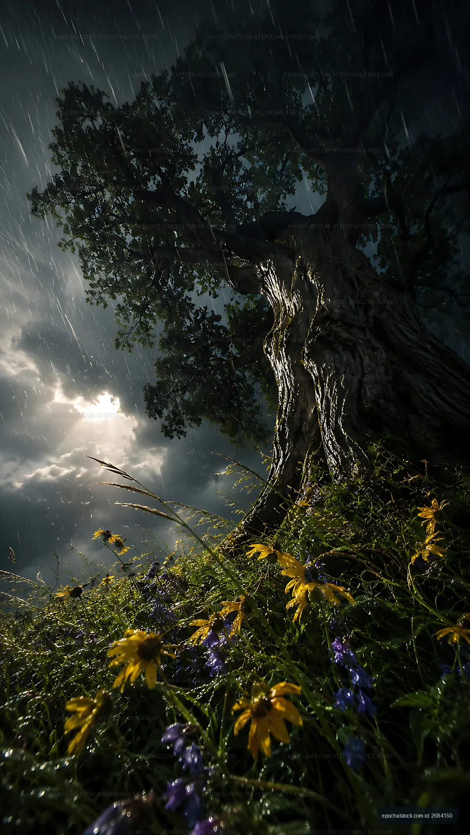 Rainy scene under a large tree with wildflowers in the foreground