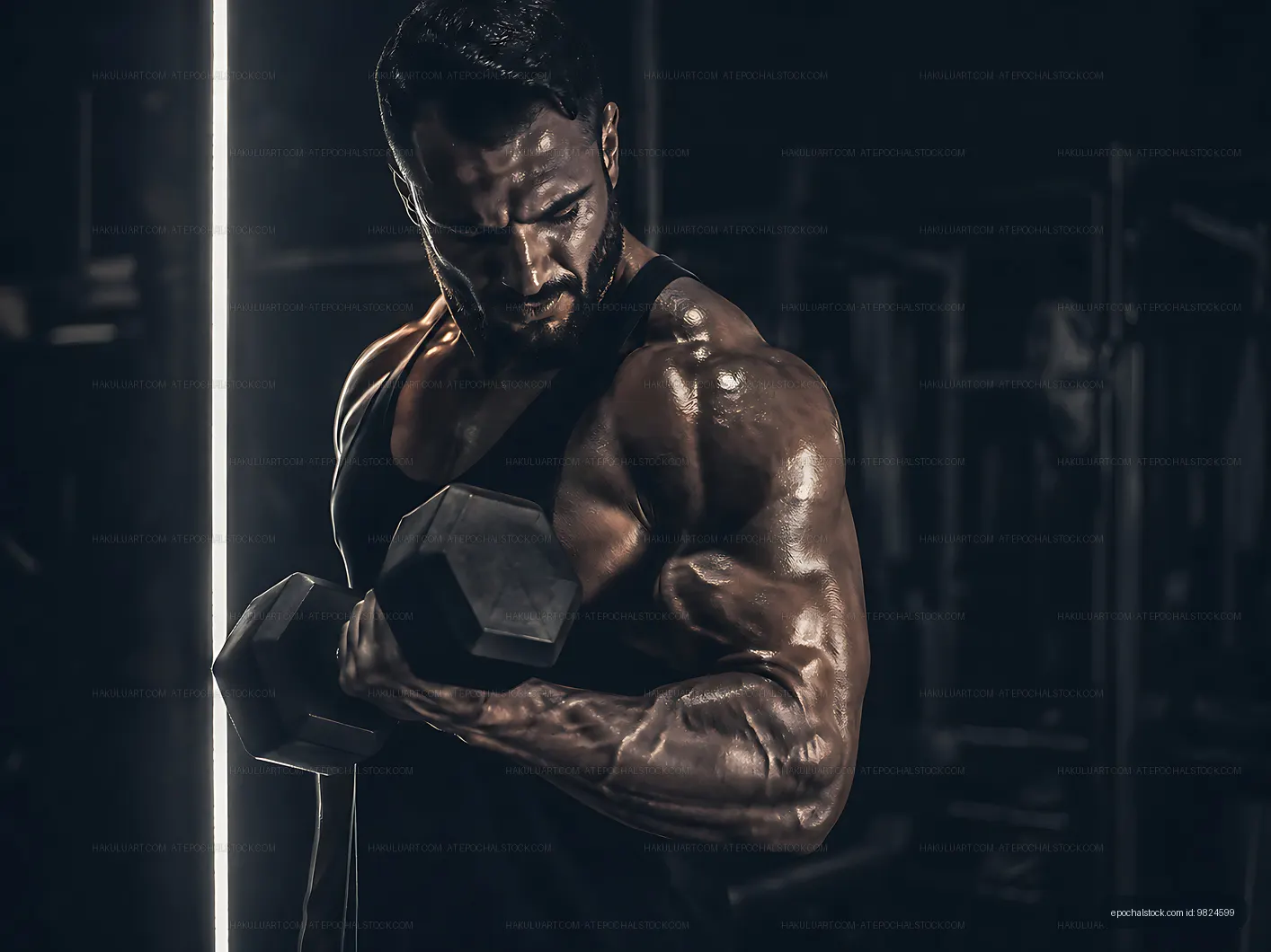 Muscle training with dumbbell in gym under dramatic lighting