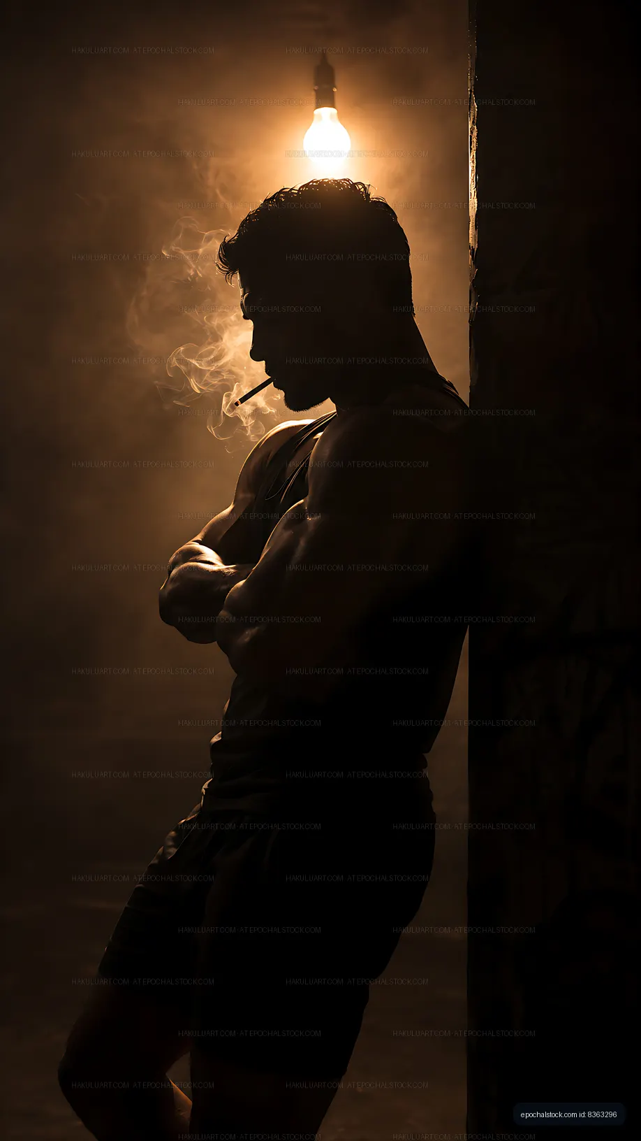 Man in silhouette leaning against wall with a cigarette