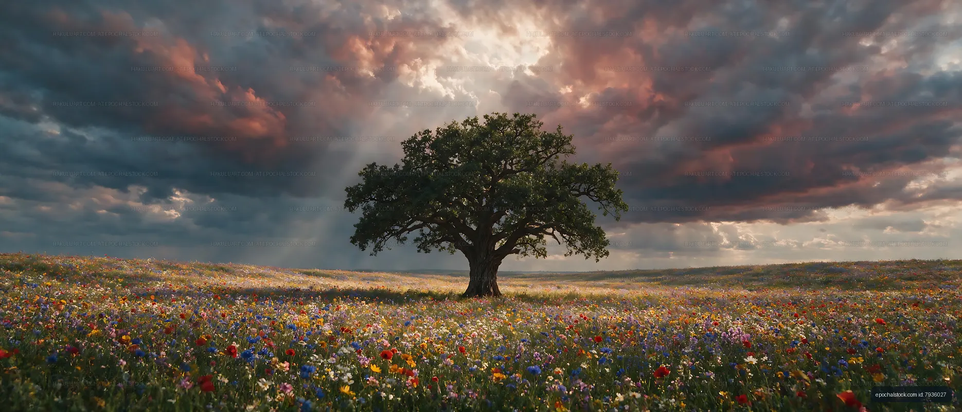 Large tree in a field of wildflowers under cloudy sky