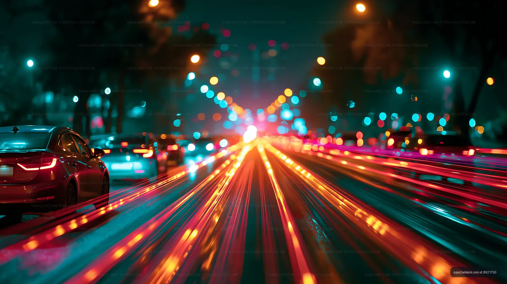 City street at night with car lights and blurred colors