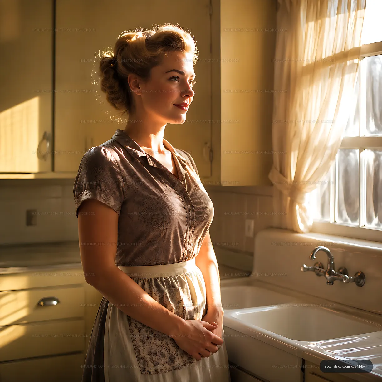 Woman standing in vintage kitchen with sunlight streaming in