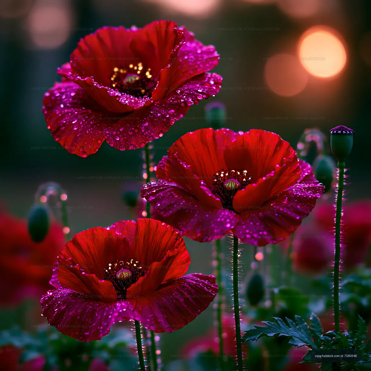Red poppy flowers with dew under evening light