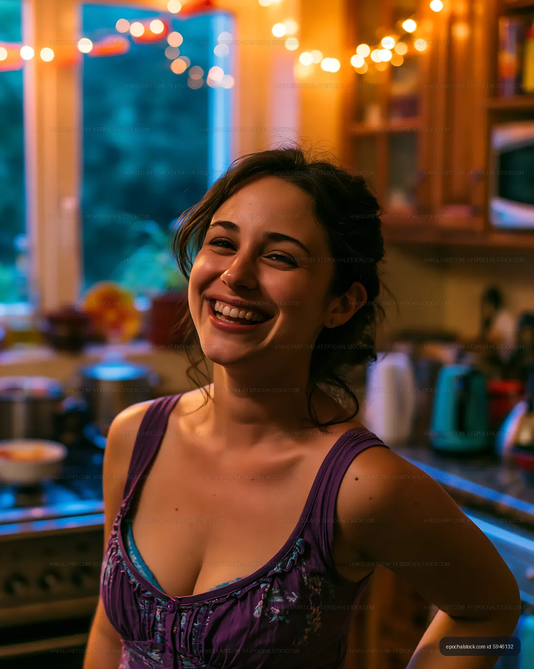 Smiling woman in a kitchen with warm lights at night
