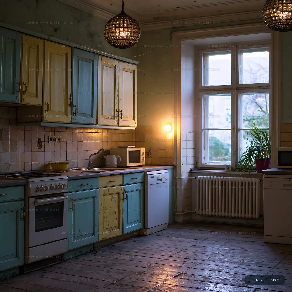 Rustic kitchen with blue and yellow cabinets and warm lighting