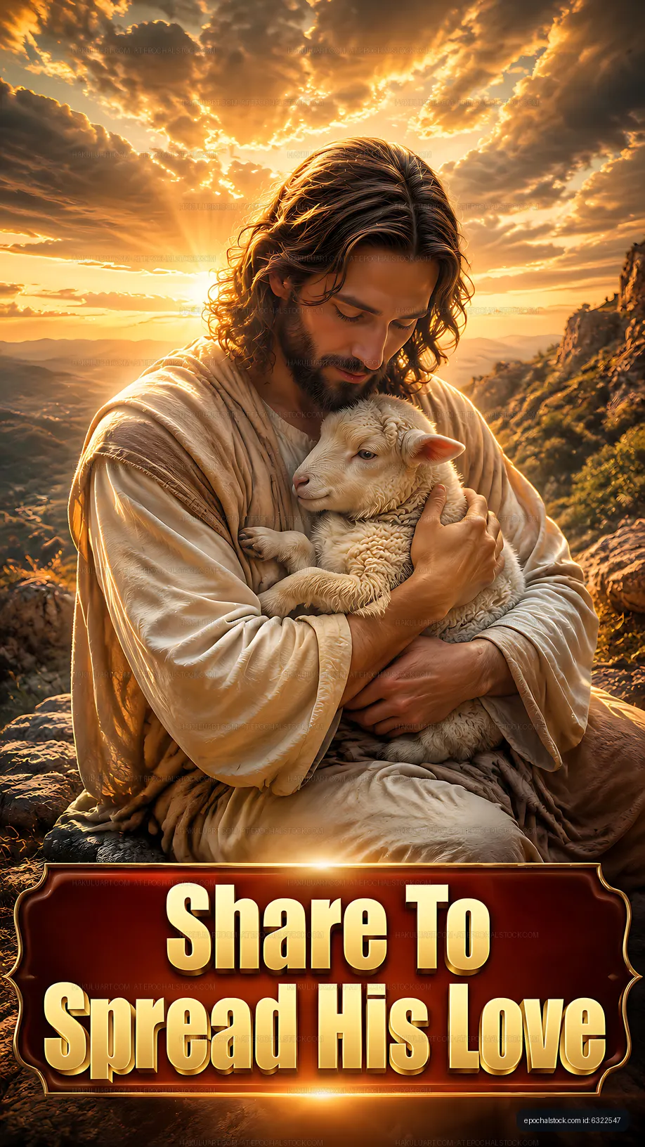 Man embraces a sheep on a rocky hillside at sunset