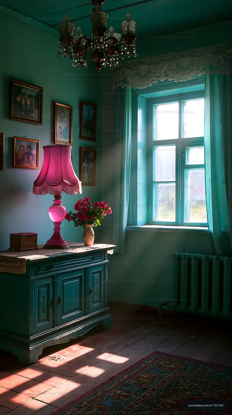 Cozy room with teal walls, vintage lamp, and flowers