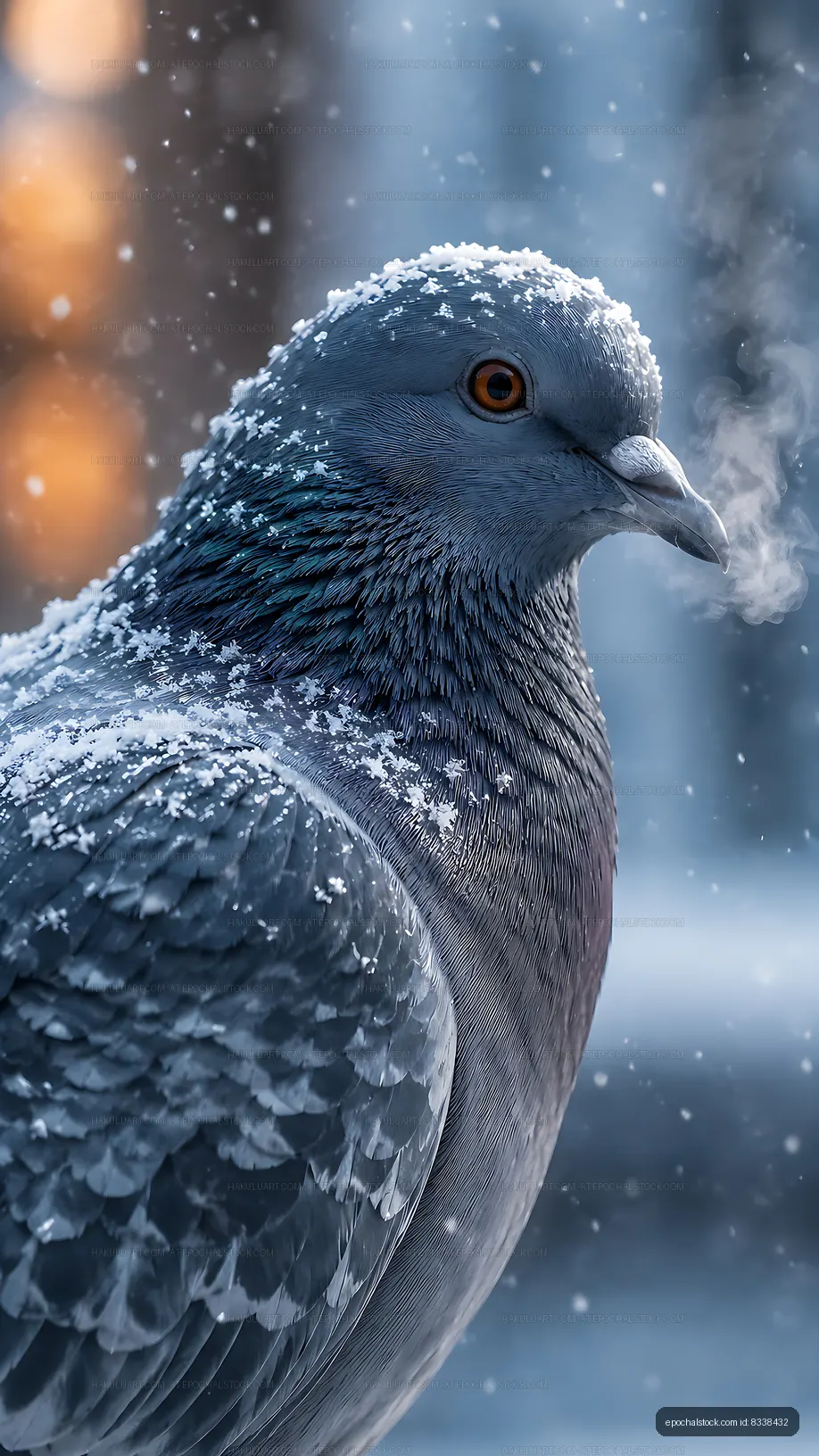 Pigeon with snow on feathers in winter setting