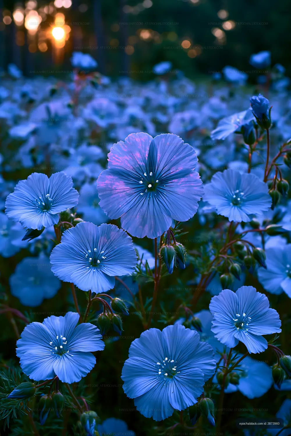 Flowers in a field at sunset with soft lighting and vibrant colors