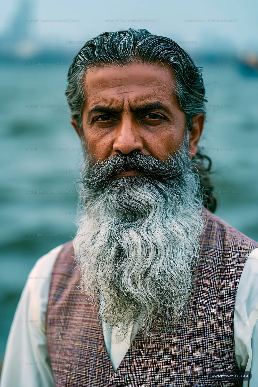 Man with a long beard near the water on a cloudy day