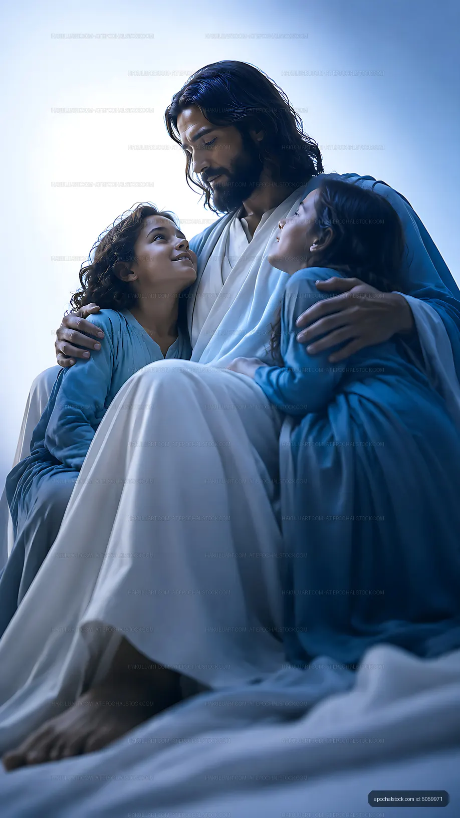 Jesus with two children in blue robes during a quiet moment