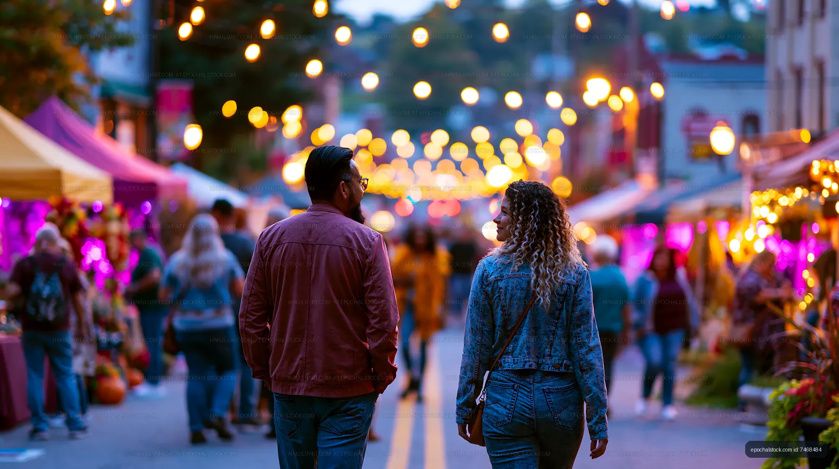 Couple walking through a busy street market at night
