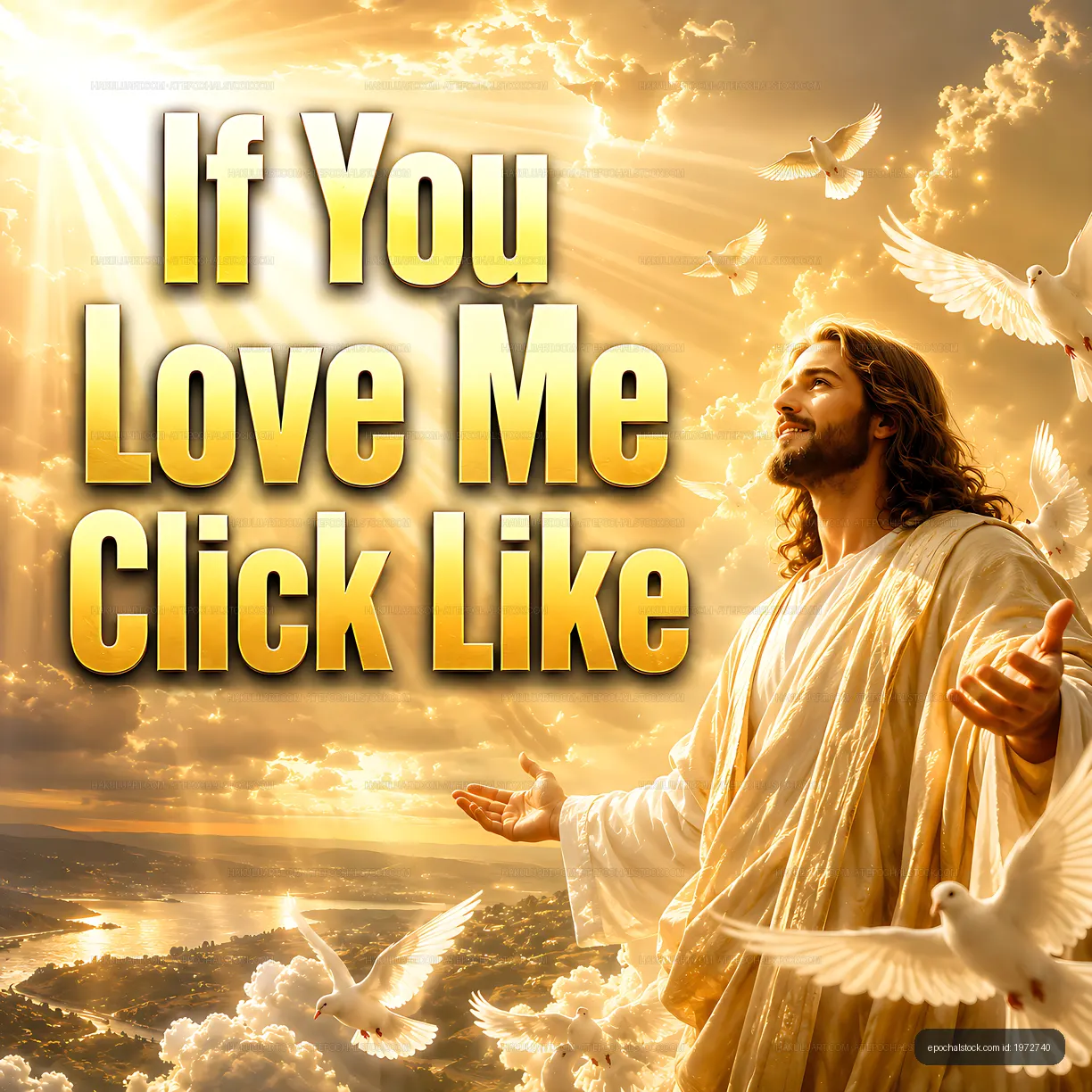 Religious figure with doves in sunlit sky and motivational text