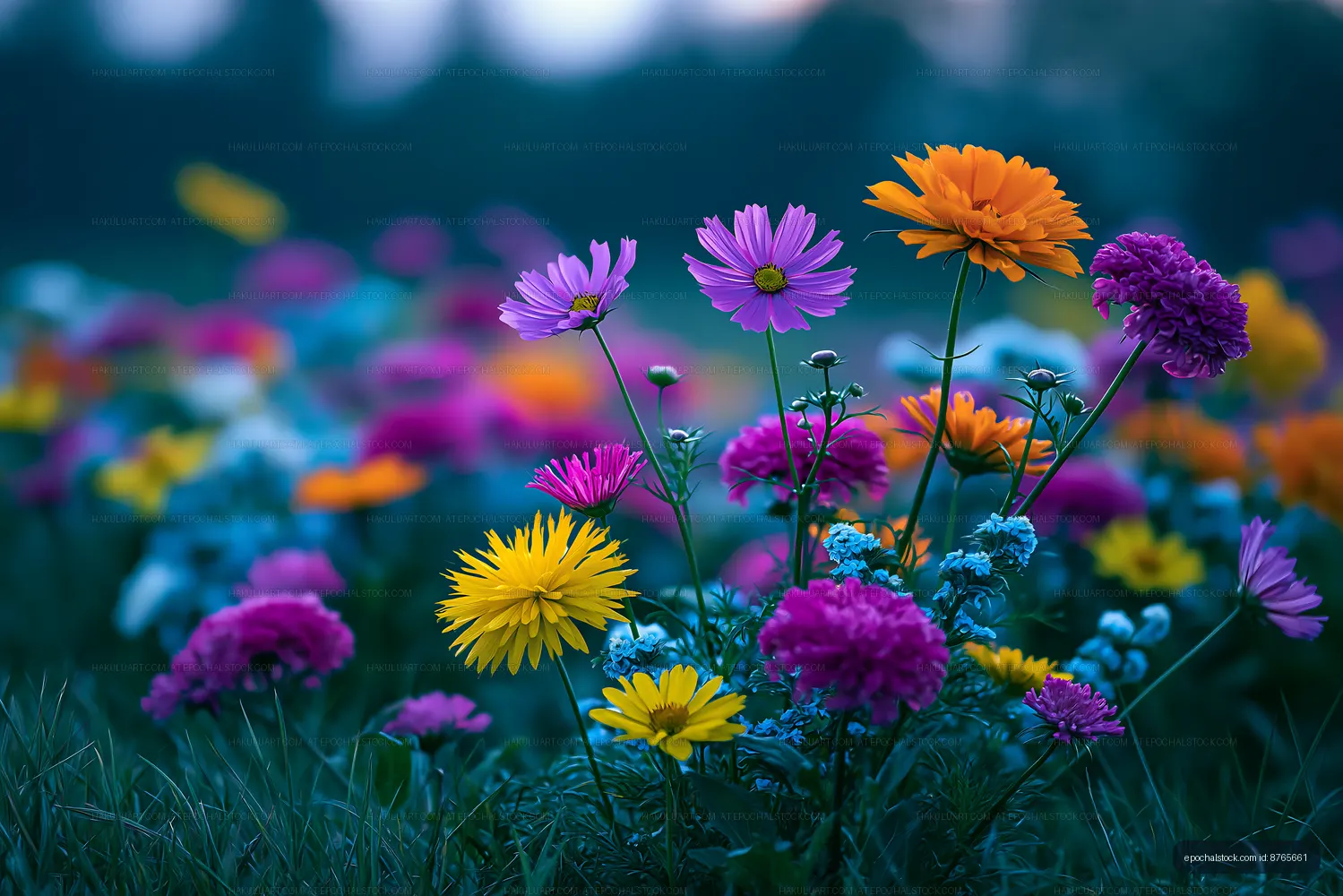Colorful flowers in a field during sunset