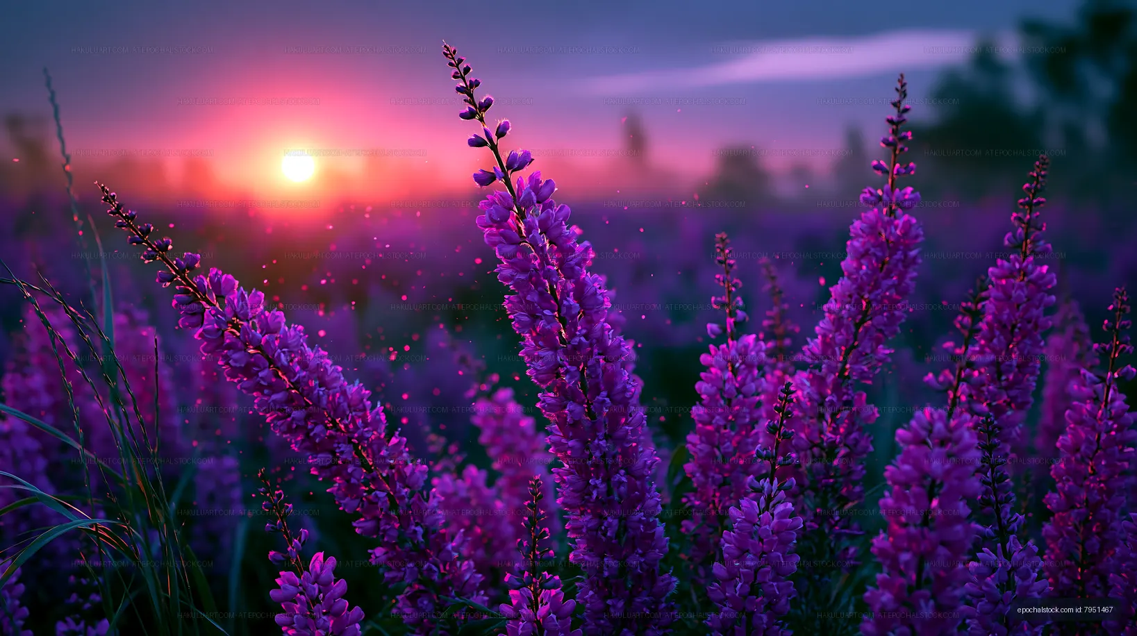 Violet flowers at sunset in a rural landscape