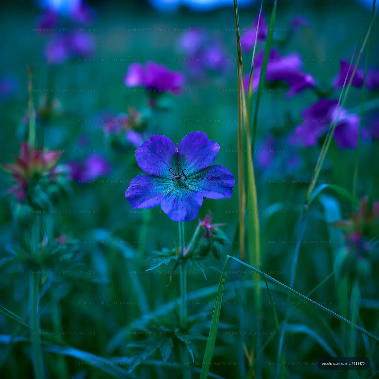 Purple flowers bloom in a green field during twilight