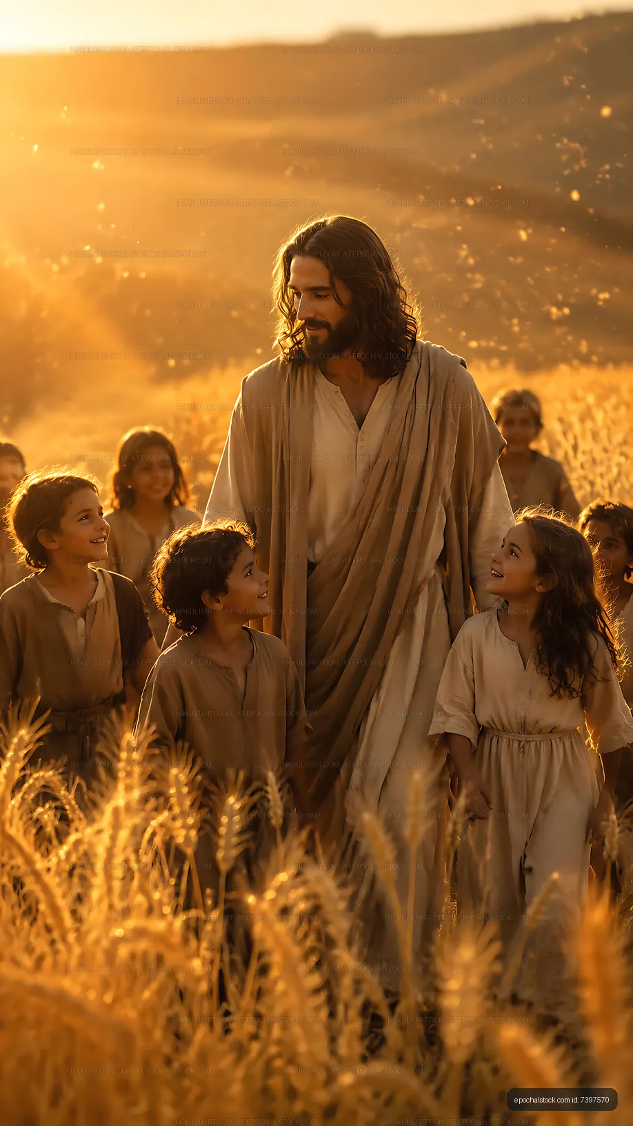 Man walking with children in a wheat field at sunset
