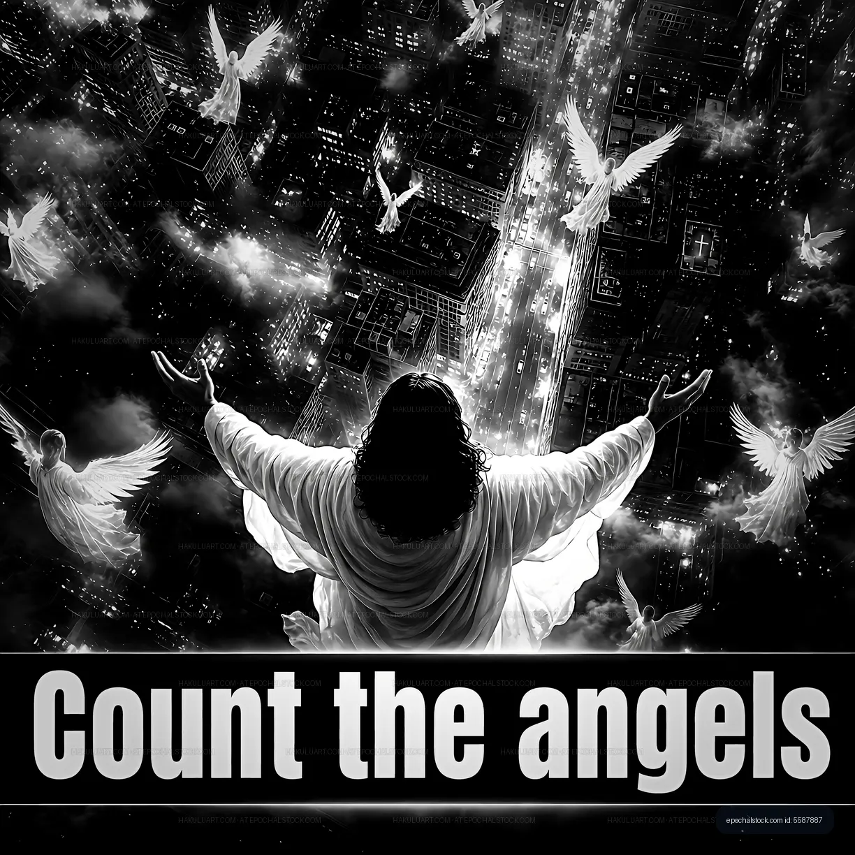 Count the angels in a city scene with a dramatic skyline
