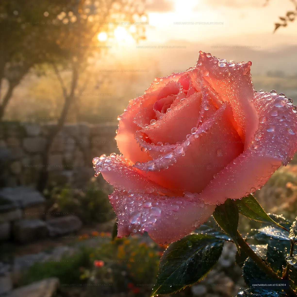 Close-up of pink rose with dew drops in morning sunlight