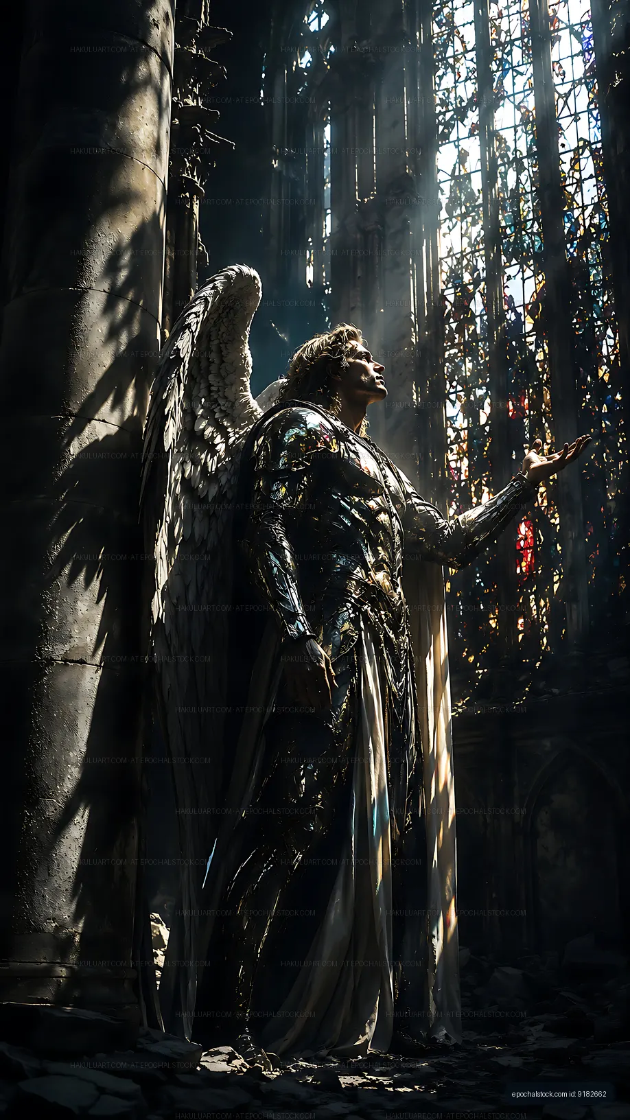 Angel statue inside an old cathedral with light shining through