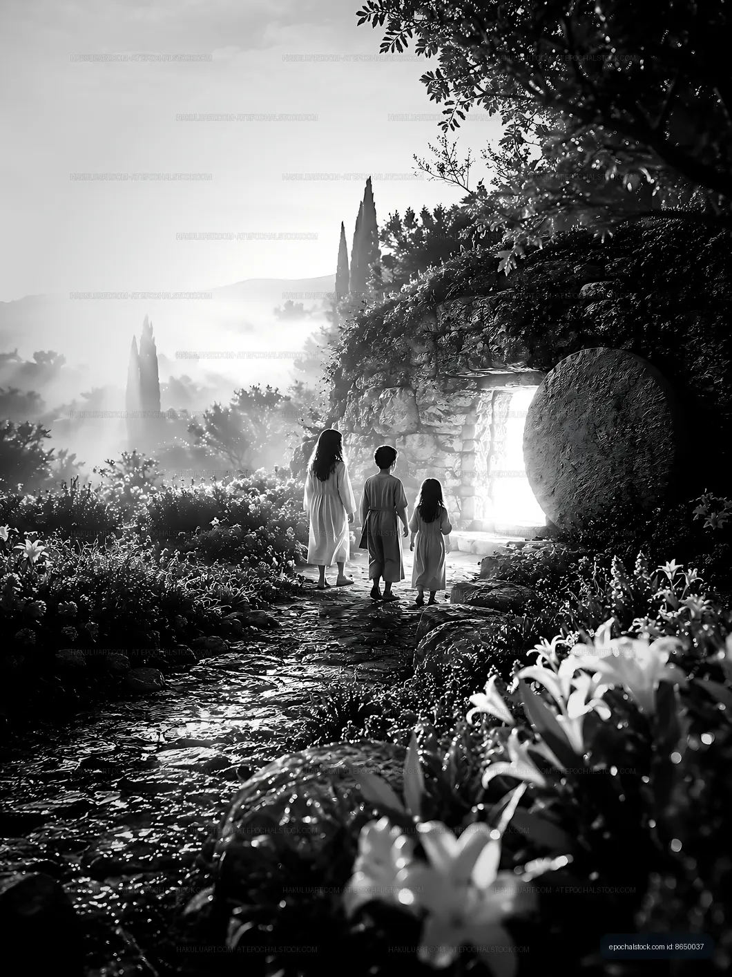 Children walking on a stone path through a garden
