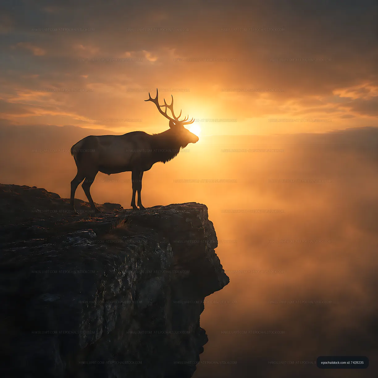 Stag silhouette against a sunset over misty landscape