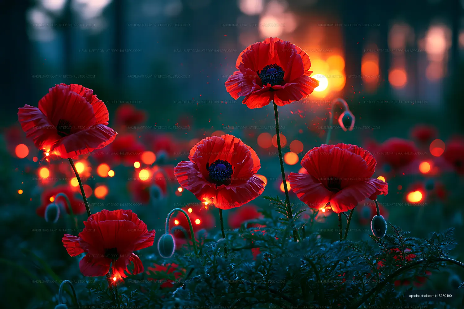 Red poppy flowers blooming at sunset in a forest