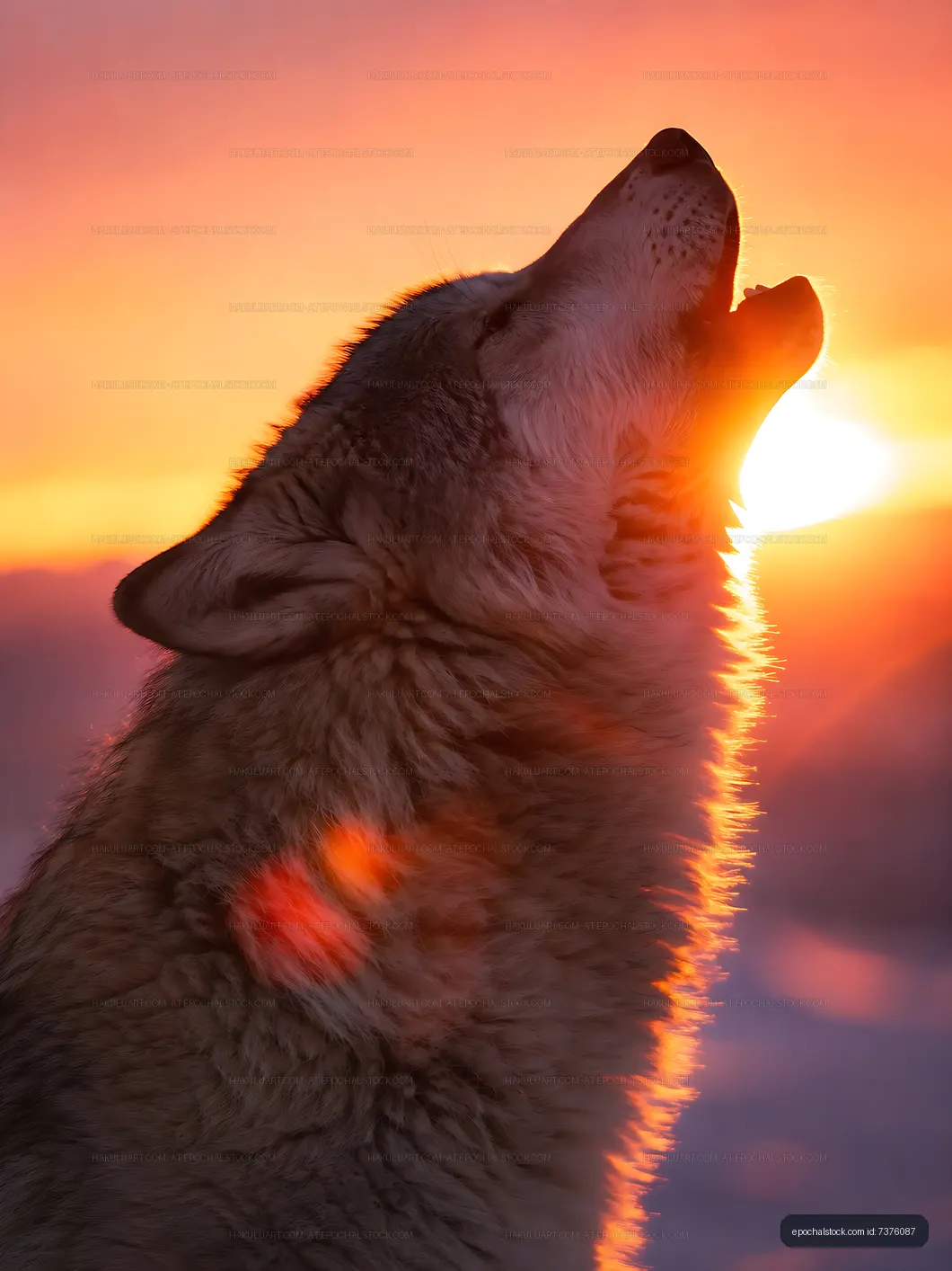 Wolf howling at sunset in a snowy landscape