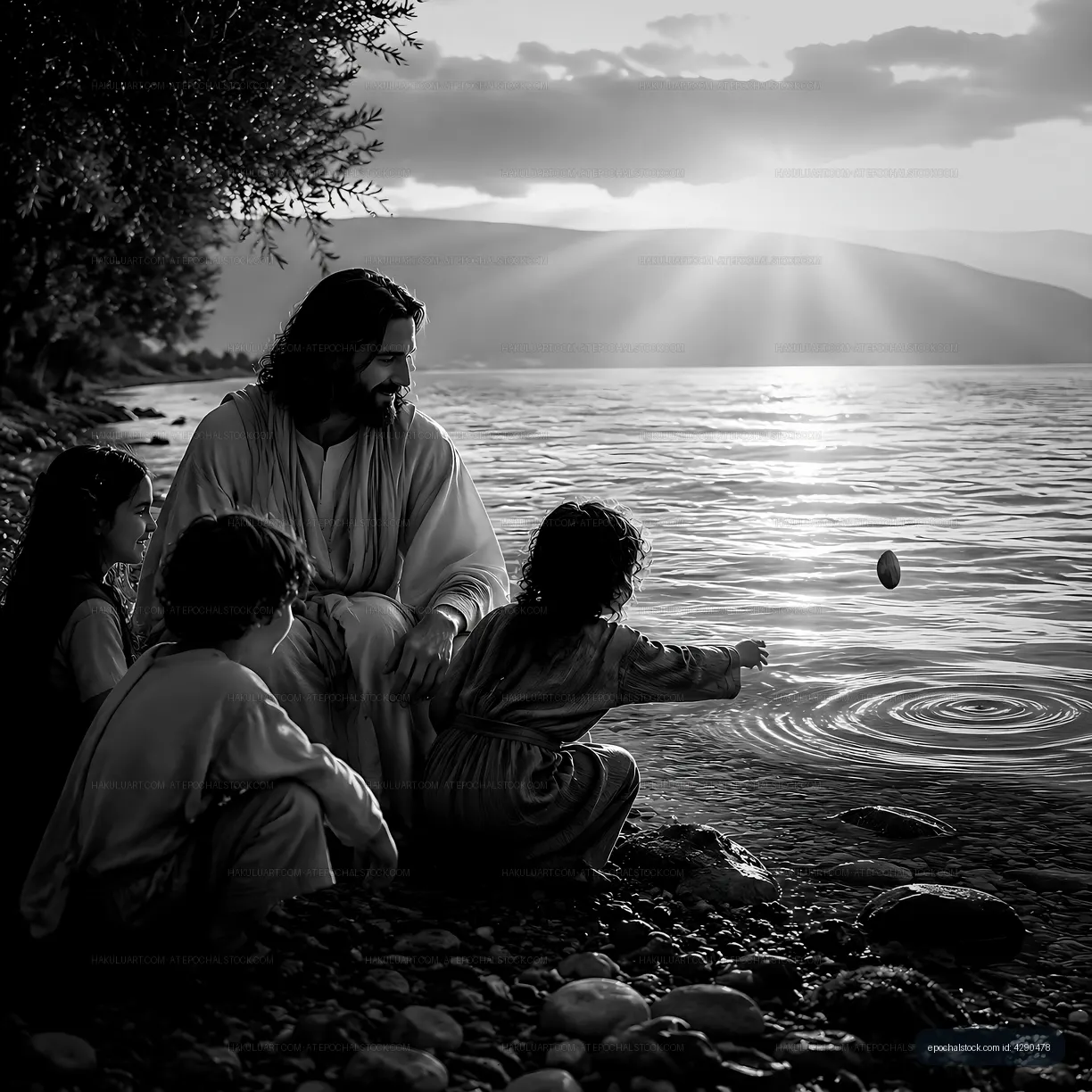 Man sitting by the water with children playing in the background