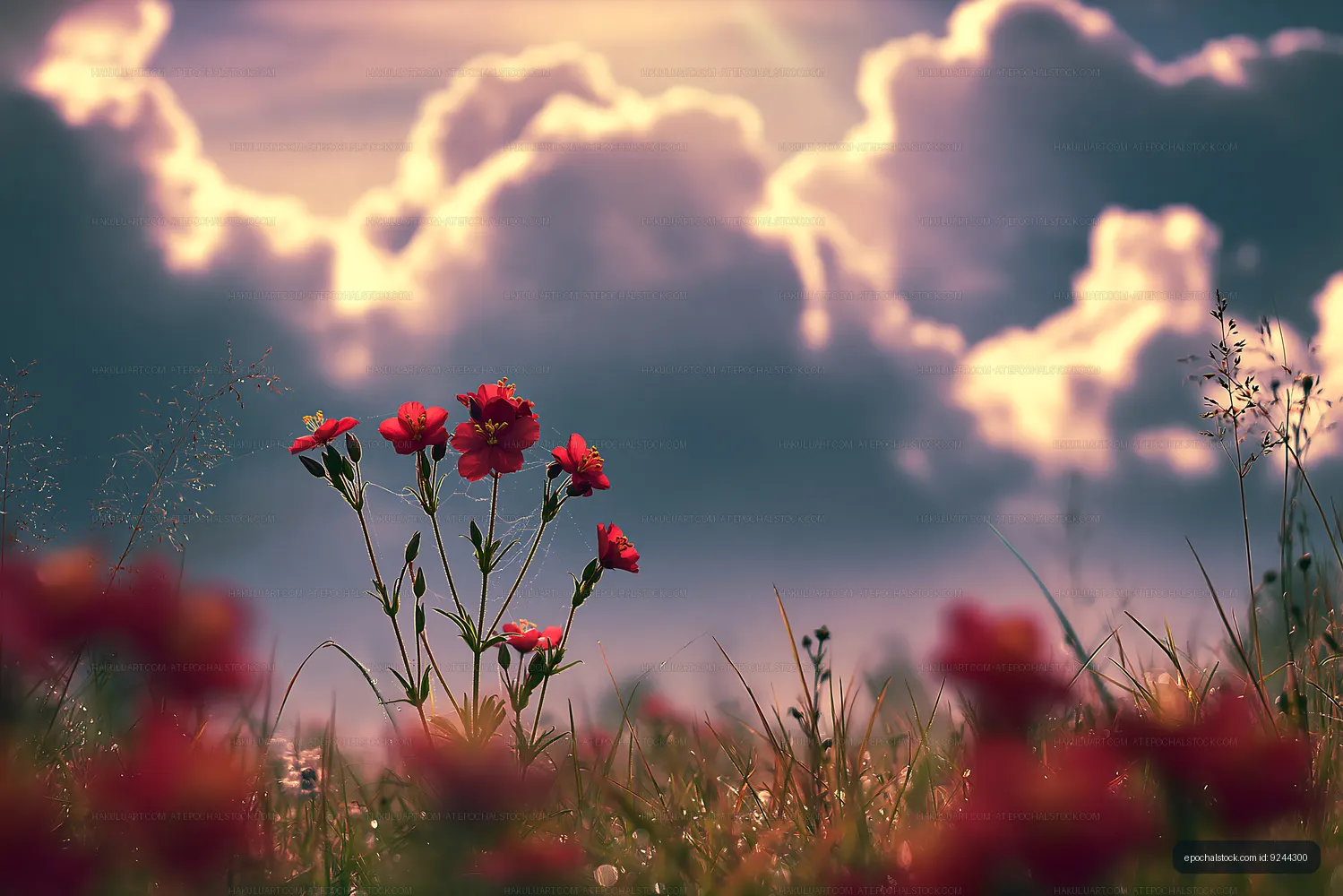 Flowers in a field under cloudy sky at sunset