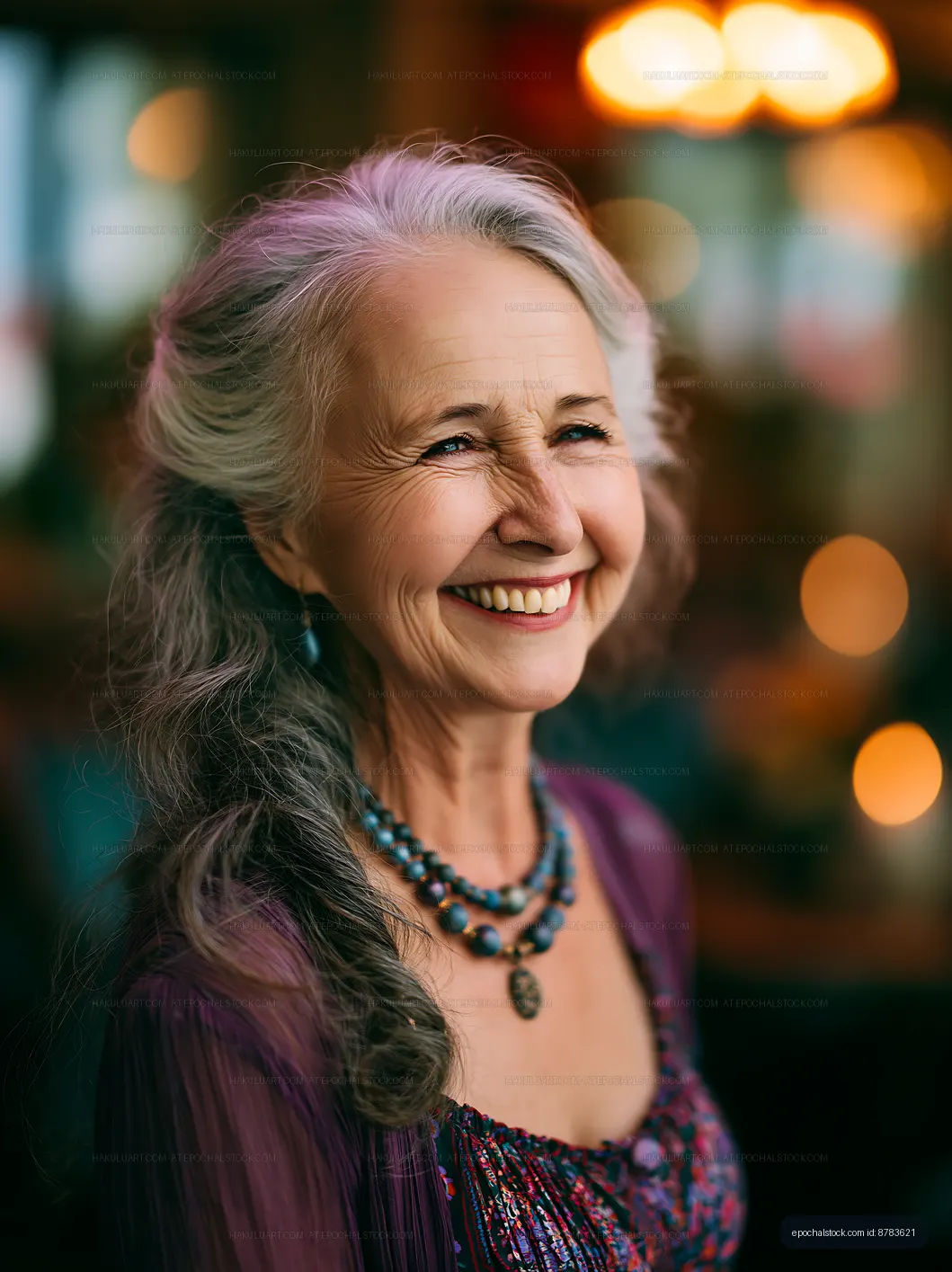 Smiling elderly woman with gray hair wearing jewelry