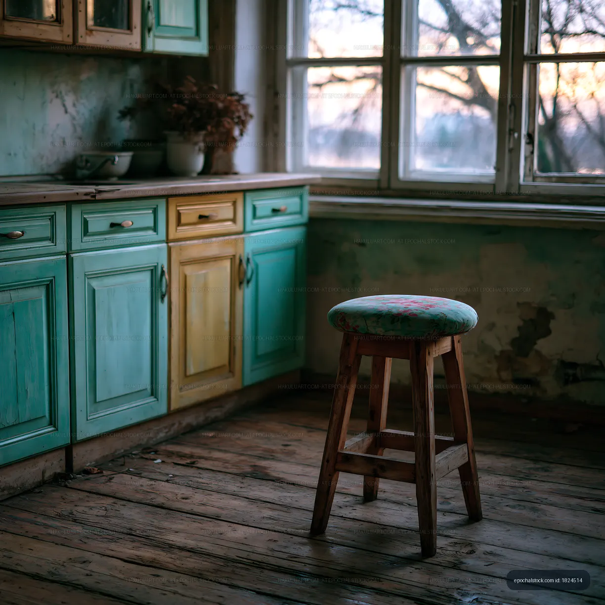 Rustic kitchen with vintage cabinets and wooden stool at sunset
