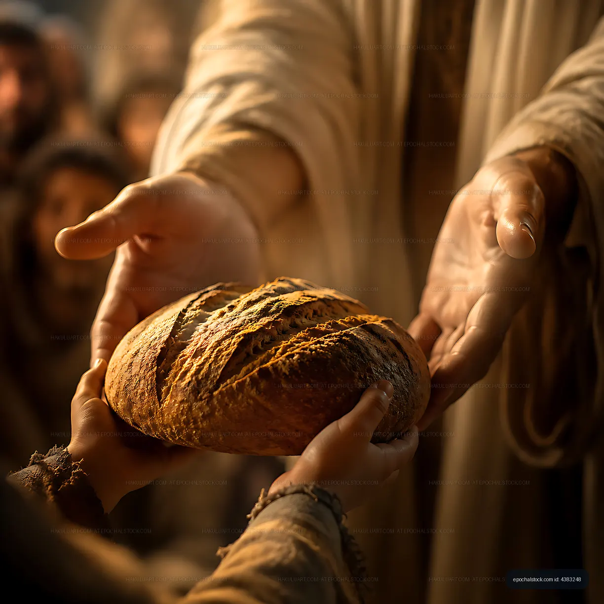 Sharing bread with a child in a historical setting