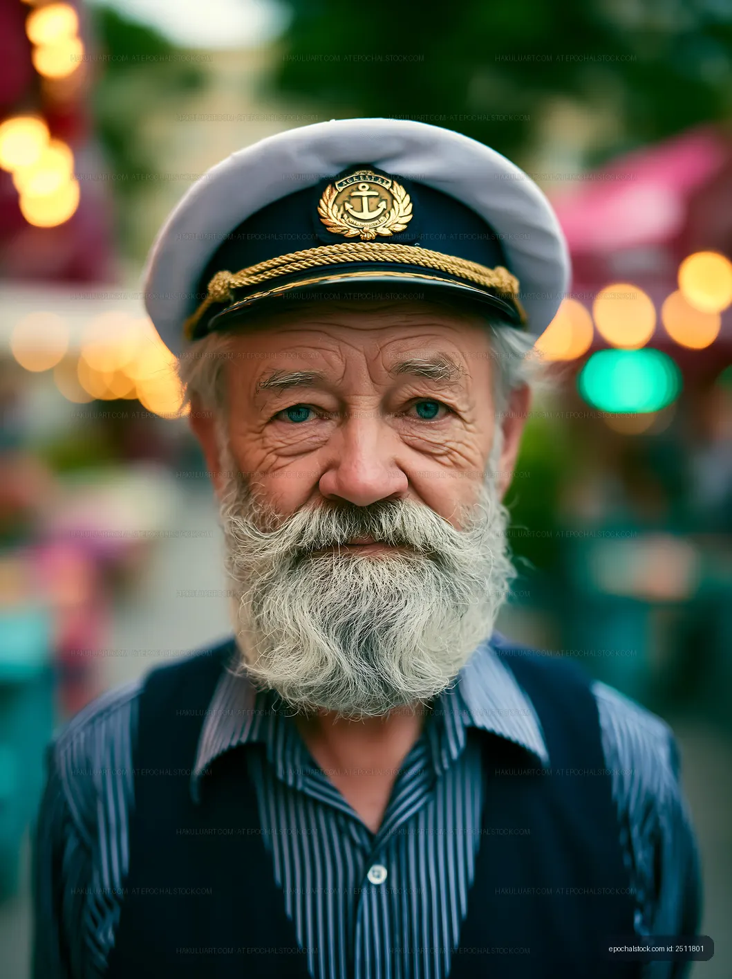 Elderly man with beard wears captain hat in a busy outdoor setting