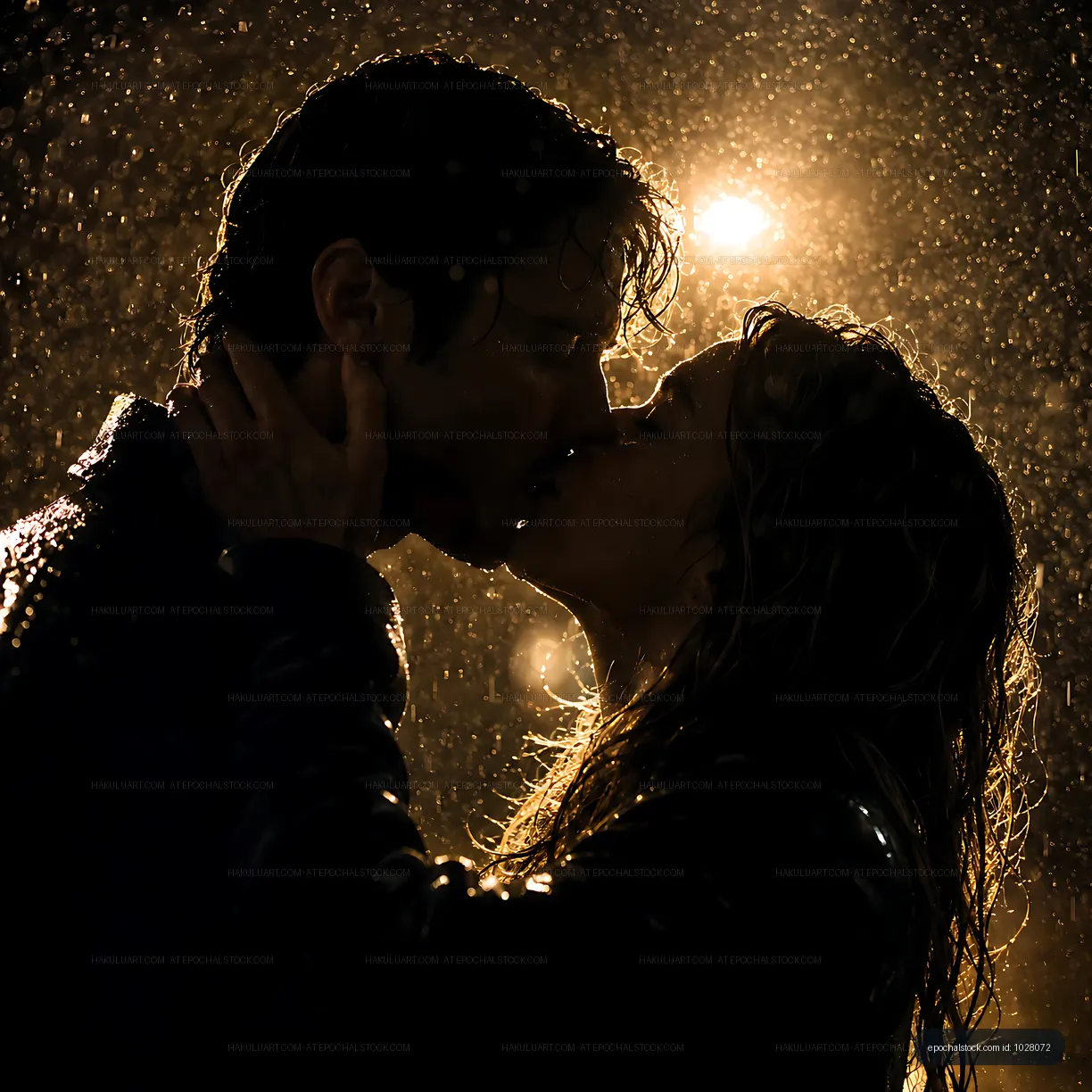 Couple kissing in the rain under streetlights at night