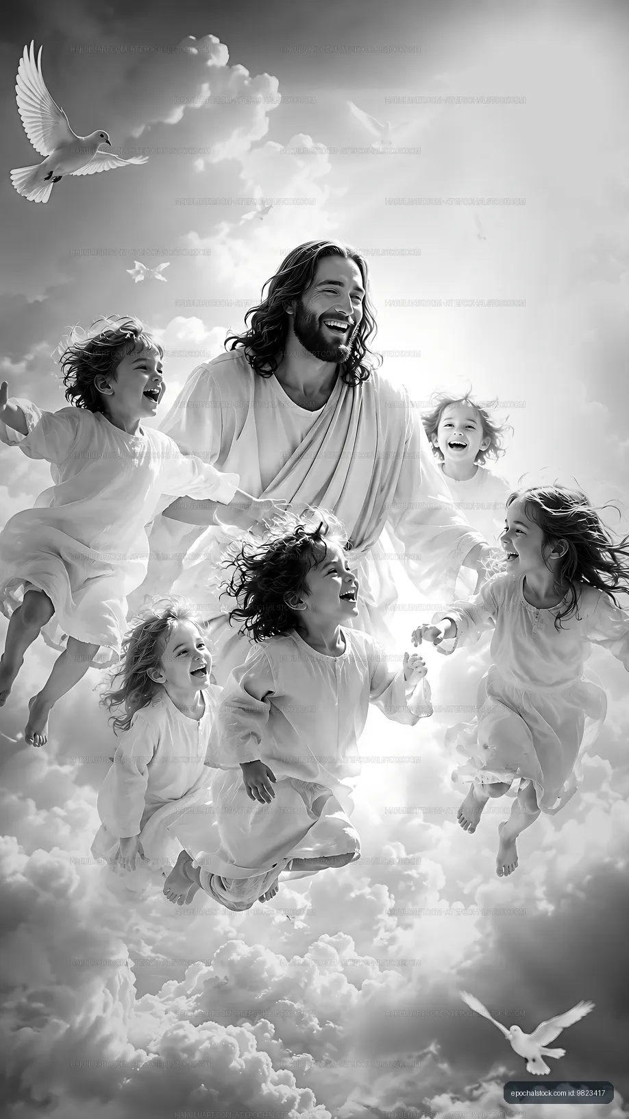 Jesus with children in clouds surrounded by doves