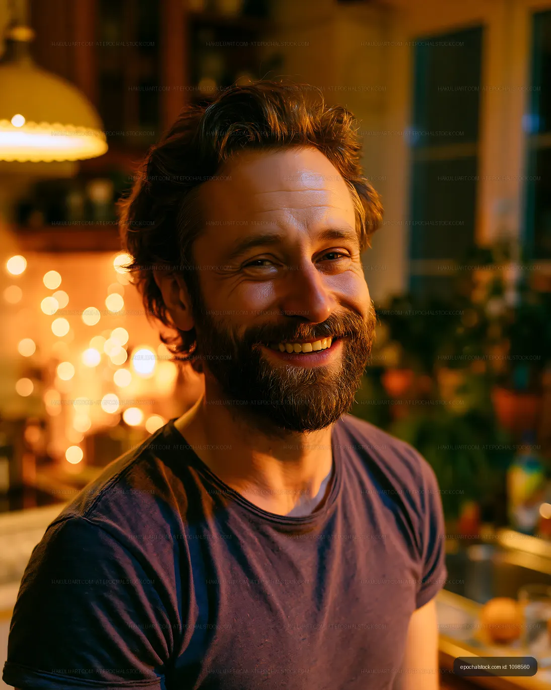 Man smiling in cozy kitchen with warm lights