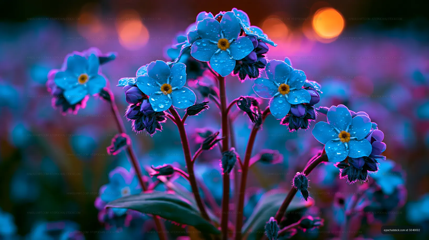 Colorful flowers with dew droplets in a garden at dusk