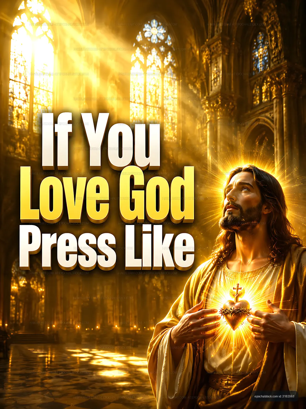 Jesus holding heart in a church with light shining