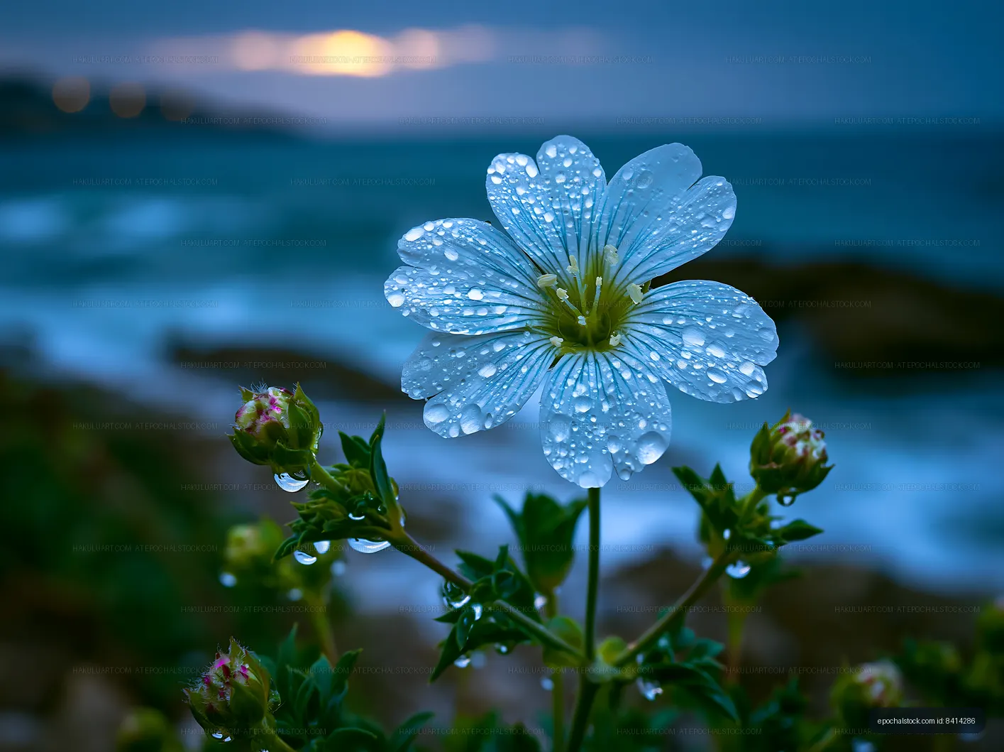 Flower with water droplets near the sea at sunset