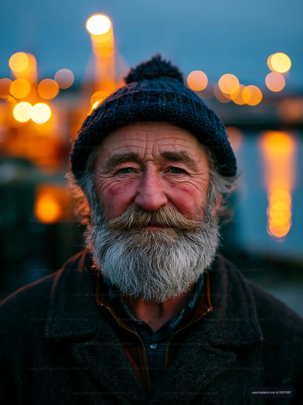 Old man with beard and knit hat by the water at dusk